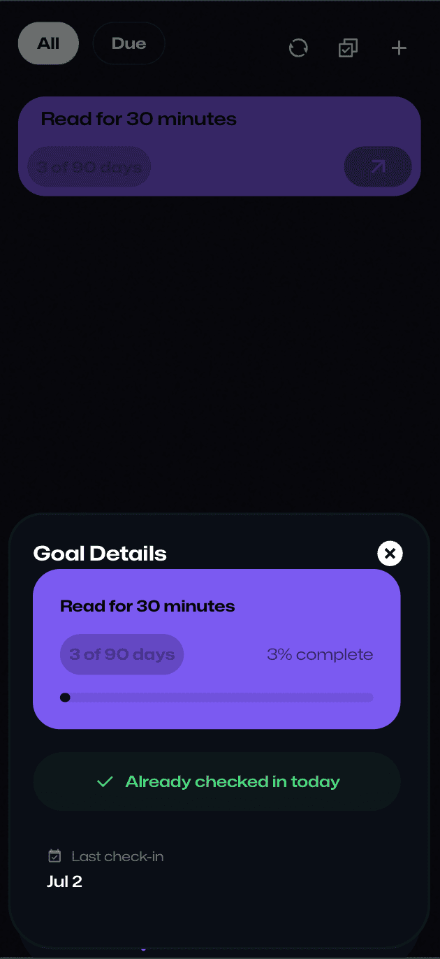 Vybaa goal details and check-in progress
